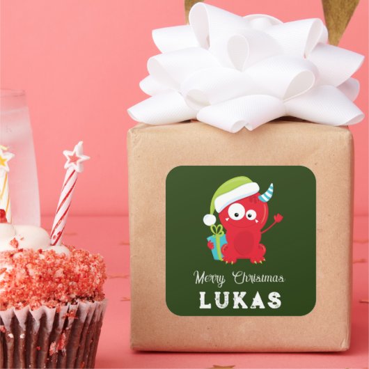 赤おもしろいクリスマスモンスターキッズホリデー スクエアシール (パーティー)