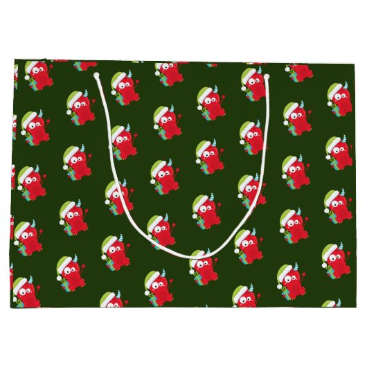 赤おもしろいクリスマスモンスターキッズホリデー ラージペーパーバッグ (裏面)