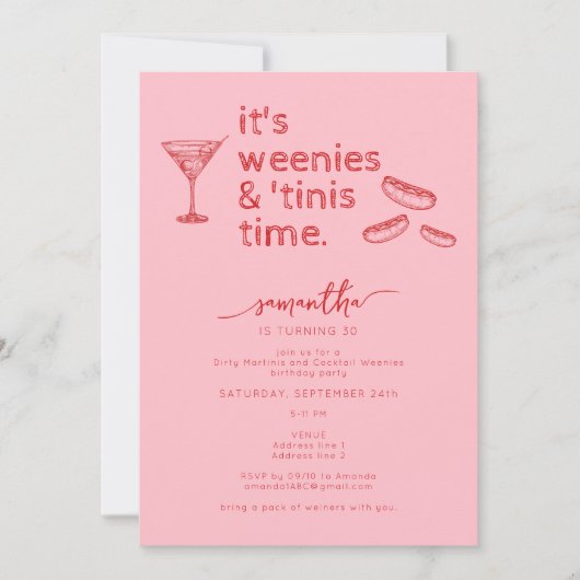 赤おもしろいピンクウェニー&ティニスマルティーニ誕生日 招待状 (正面)