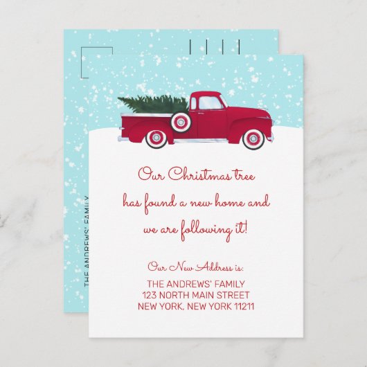 赤おもしろいレトロトラッククリスマスツリー移動 案内ポストカード (正面/裏面)