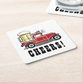 赤おもしろいヴィンテージトラックビアグラス応援! スクエアペーパーコースター (アングル)