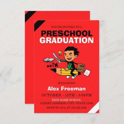 赤おもしろい少年プレスクール卒業 招待状 (正面/裏面)