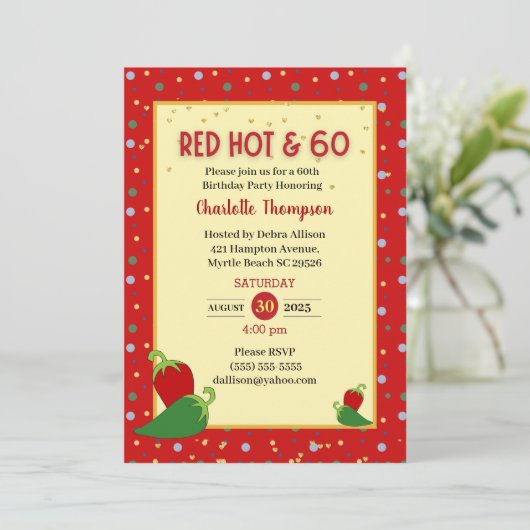 赤おもしろい熱60番目の誕生日招待状 招待状 (スタンド正面)