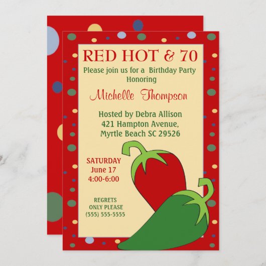 赤おもしろい熱70番目の誕生日招待状 招待状 (正面/裏面)