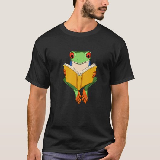 赤おもしろい目の木のカエル読の本 Tシャツ (正面)