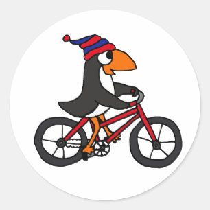 赤おもしろい自転車に乗るペンギン ラウンドシール