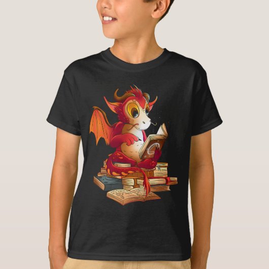 赤おもしろい龍読図書庫ドラゴン Tシャツ (正面)