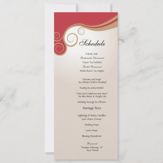 赤およびクリームのスケジュールの金ゴールドの渦巻 招待状 (正面)