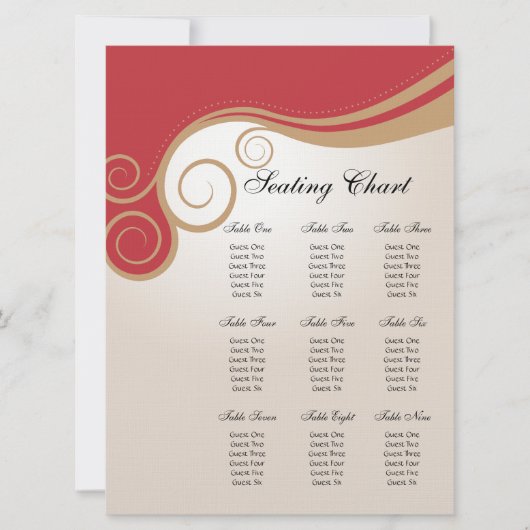 赤およびクリームの座席の図表の金ゴールドの渦巻 招待状 (正面)