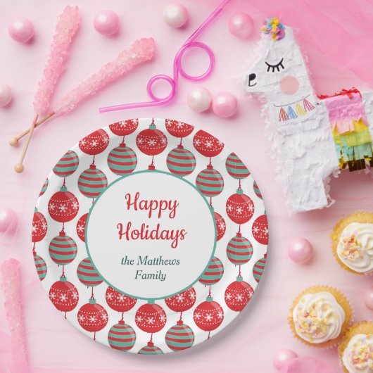 赤およびティール（緑がかった色）のクリスマスの球根 ペーパープレート (パーティー)