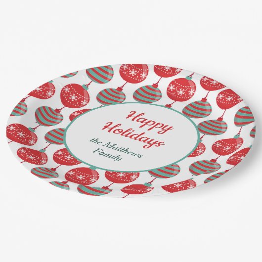 赤およびティール(緑がかった色)のクリスマスの球根 ペーパープレート (アングル)