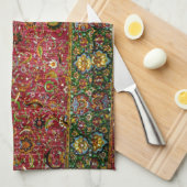 赤および緑の東洋の敷物 キッチンタオル (四つ折り)