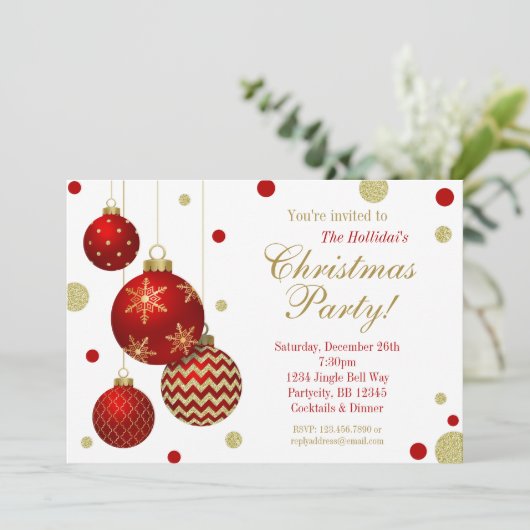 赤および金ゴールドのつまらないもののクリスマスのパーティの招待状 招待状 (スタンド正面)