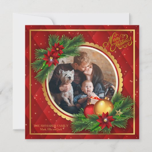 赤および金ゴールドのアーガイル柄のな写真カード (正面)