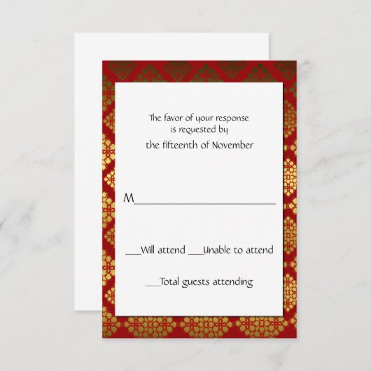 赤および金ゴールドのエレガントな応答カード 出欠カード (正面/裏面)