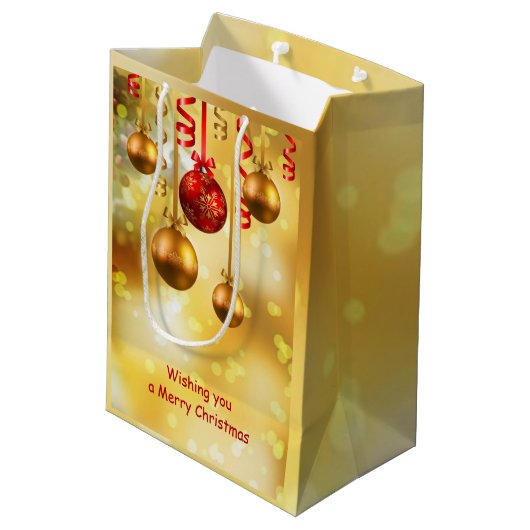 赤および金ゴールドのクリスマスのつまらないもの ミディアムペーパーバッグ (裏面アングル)