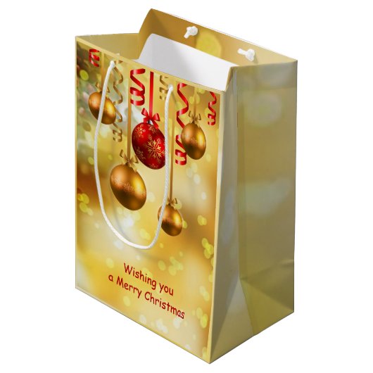 赤および金ゴールドのクリスマスのつまらないもの ミディアムペーパーバッグ (正面アングル)