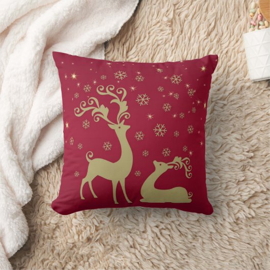 赤および金ゴールドのクリスマスのトナカイ クッション (ブランケット)