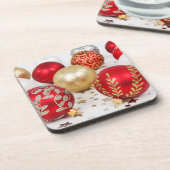 赤および金ゴールドのクリスマスオーナメントの飲料用コースター コースター (左側)
