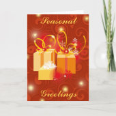 赤および金ゴールドのクリスマスプレゼント場面 シーズンカード (正面)