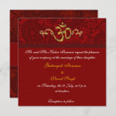 赤および金ゴールドのダマスク織のブロケードのヒンズー教の結婚式 招待状 (正面/裏面)