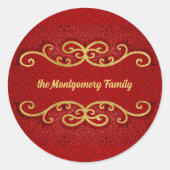 赤および金ゴールドのダマスク織は名前をカスタムすると渦巻きます ラウンドシール (正面)