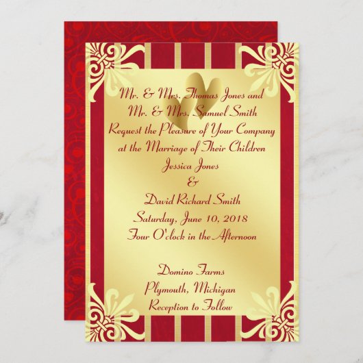 赤および金ゴールドのバレンタインデーの結婚式招待状 招待状 (正面/裏面)