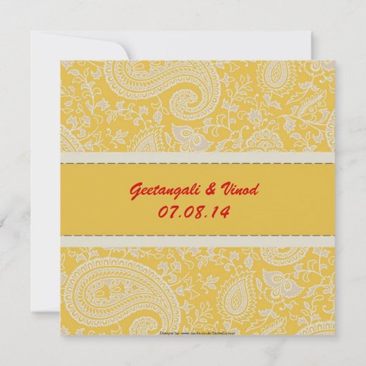 赤および金ゴールドのブロケードのヒンズー教の結婚式 招待状 (裏面)