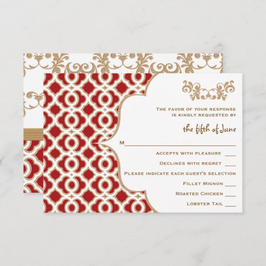 赤および金ゴールドのモロッコの結婚式の応答カード 出欠カード (正面/裏面)