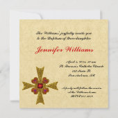 赤および金ゴールドの宝石用原石の十字の洗礼の招待状 招待状 (裏面)