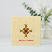 赤および金ゴールドの宝石用原石の十字の洗礼の招待状 招待状 (スタンド正面)