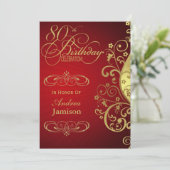 赤および金ゴールドの渦巻の第80誕生日のパーティの招待状 招待状 (スタンド正面)