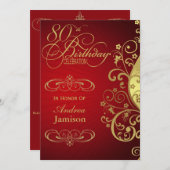 赤および金ゴールドの渦巻の第80誕生日のパーティの招待状 招待状 (正面/裏面)