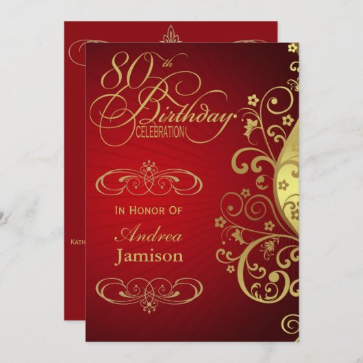 赤および金ゴールドの渦巻の第80誕生日のパーティの招待状 招待状 (正面/裏面)