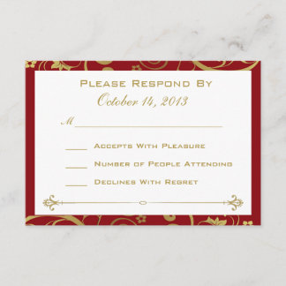 赤および金ゴールドの渦巻RSVPカード 出欠カード
