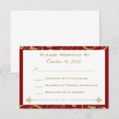 赤および金ゴールドの渦巻RSVPカード 出欠カード (正面/裏面)