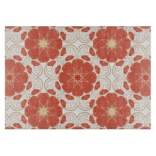 赤および金ゴールドの花のレースパターン カッティングボード (正面)