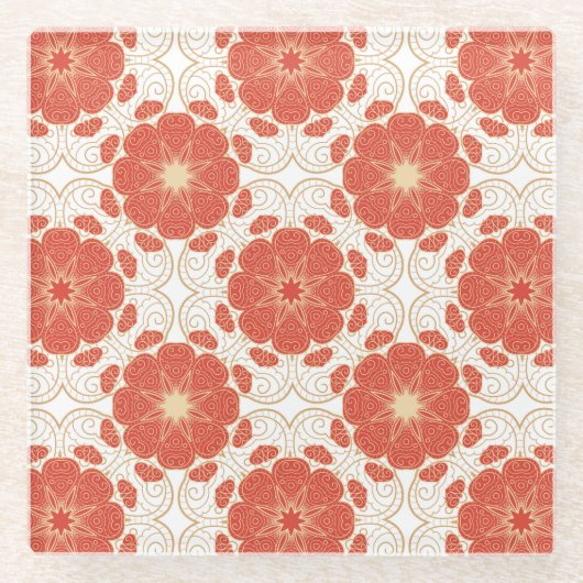 赤および金ゴールドの花のレースパターン ガラスコースター (正面)