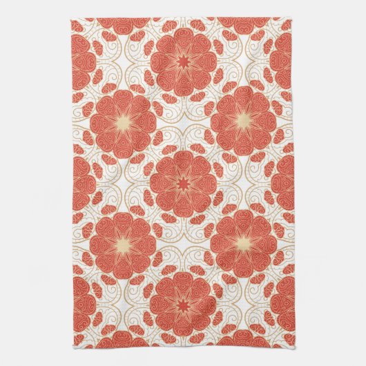 赤および金ゴールドの花のレースパターン キッチンタオル (縦)