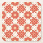 赤および金ゴールドの花のレースパターン スクエアペーパーコースター (正面)