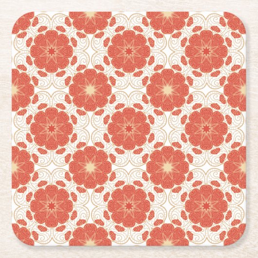 赤および金ゴールドの花のレースパターン スクエアペーパーコースター (正面)