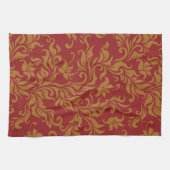 赤および金ゴールドの花柄パターン キッチンタオル (横)