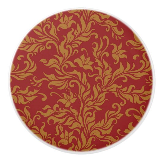 赤および金ゴールドの花柄パターン セラミックノブ (正面)