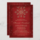 赤および金ゴールドの雪片のブライダルシャワー 招待状 (正面/裏面)