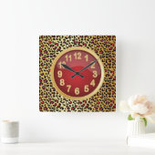 赤および金ゴールドのJaquarのアニマルプリント スクエア壁時計 (ホーム)