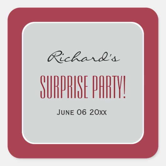赤および銀の驚きの誕生会の名前をカスタムする スクエアシール (正面)