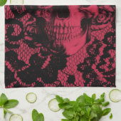 赤および黒のゴシック様式レースのスカル キッチンタオル (折り畳み)