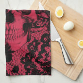 赤および黒のゴシック様式レースのスカル キッチンタオル (四つ折り)