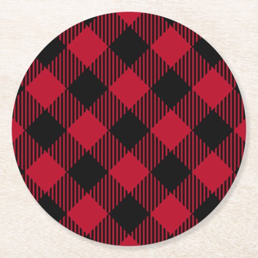 赤および黒の点検のバッファローの格子縞パターン ラウンドペーパーコースター (正面)