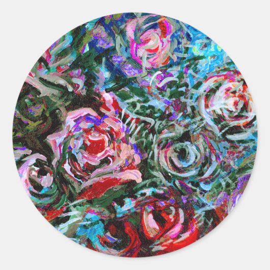 赤およびturqoise -ステッカーの抽象的なバラ ラウンドシール (正面)
